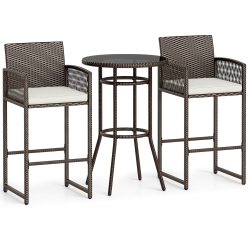 GYMAX 3 Piece Wicker Patio Bar Set W/ 2 Seat Cushions Glass Tabletop for Backyard
