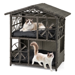 GYMAX Outdoor Rattan Cat House 2-Tier Wicker Windows Removable Cushions Large Entrance