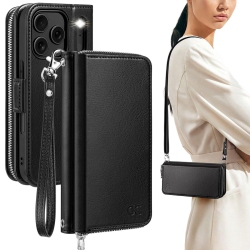 HLD Iphone 17 Pro Case Wallet, Rfid Blocking Card Holder for Women And Men Fashion Pu Leather Magnetic Snap Flip Zipper Phone Case \w Shoulder Wrist
