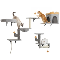 PAWHUT Cat Wall Shelves, 4 PCs Cat Wall Furniture Set, Kitty Climber Set \w Condo, Scratching Posts, Hammock, Bed, Hanging Pompoms for Indoor