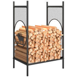 OUTSUNNY Firewood Rack Outdoor, 19" Heavy Duty Metal Fireplace Log Holder \w Mesh Sides, Decorative Deer Patterns And Anti-Slip Foot Pads, Indoor