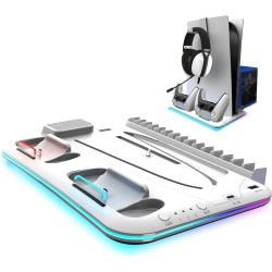 MYACUC RGB Light And 3 Levels Turbo Cooling Station With Controller Charging Station for Ps5/slim Digital/disc With Headset Holder