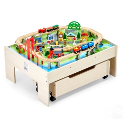 VEVOR Train Table, 100 Multicolor Pieces Wooden Kids Activity Table \w Rolling Storage Drawer, 3-In-1 Wooden Train Set for Gaming, Eating, Creative