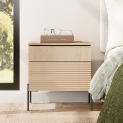 WAMPAT Fluted Nightstand \w Charging Station, 18” Modern Bedside Table \w 2 Drawers, Wooden End Table Night Stand \w USB Ports And Outlets For