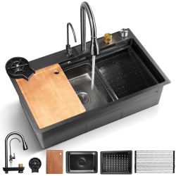SERENELIFE Stainless Steel Kitchen Sink | Durable Kitchen Sink Includes Drain Rack, Strainer Basket, Basin Tray, Cutting Board & Cup Washer | Sleek