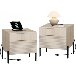 WAMPAT Fluted Nightstands Set Of 2 \w Charging Station, 18” Bedside Table \w 4 Drawers, End Table Night Stand \w USB Ports And Outlets for Living