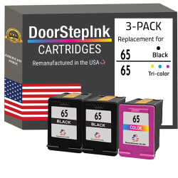 DOORSTEPINK Brand for HP 65 2 / 1 Color 3-Pack Remanufactured In The Usa Ink Cartridges In Black