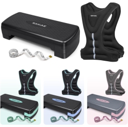 SAKAE Aerobics Step Platform Set With Weighted Vest & Measuring Tape, Adjustable Height 2 Level Risers Workout Step Trainer With Non-Slip Surface