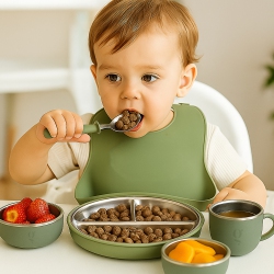 GREENWALNUT Premium 7-Piece Silicone & Stainless Steel Kids Dinnerware Set | Feeding Set