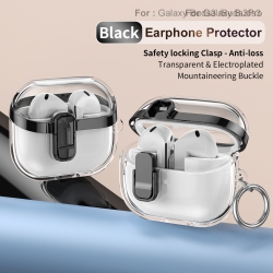THE WAY Minimalist Electroplated Locking Galaxy Earphone Case, Compatible \w Buds 3/3 Pro Earphones, Gunmetal Black, \w High-Transparent