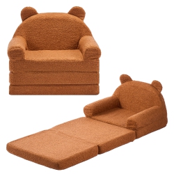 VEVOR 2-In-1 Kids Sofa, Foldable Bear Toddler Soft Couch \w Armrests, Made Of 28D Sponge & Teddy Fleece, Convertible Toddler Chair to Lounger, Kid