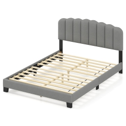 COSTWAY Queen Size Bed Frame Linen Upholstered Platform Bed With Wooden Slat Support