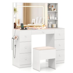 COSTWAY Vanity Desk With Mirror & Lights Makeup Table With Power Outlets & 7 Drawers