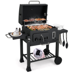 COSTWAY Barrel Grill With 2 Folding Side Tables 24-Inch Outdoor Barbecue Grill In Charcoal