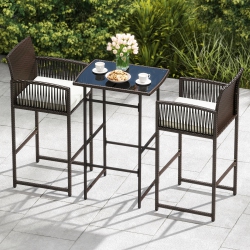 COSTWAY 3 PCs Patio Bar Set Wicker Table & Armchairs With 2 Cushions & Glass Tabletop