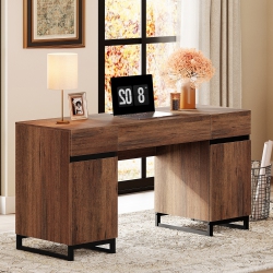 WAMPAT 59 Inch Executive Desk \w Drawers And Charging Station, Modern Home Office Computer Desk \w File Cabinet Storage, Wood Writing Workstation