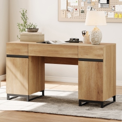 WAMPAT 59 Inch Executive Desk \w Drawers And Charging Station, Modern Home Office Computer Desk \w File Cabinet Storage, Wood Writing Workstation