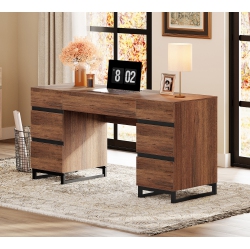 WAMPAT 59 Inch Modern Executive Desk \w Drawers, Wood Computer Writing Desk \w Charging Station& File Cabinet Storage, Home Office Workstation Study