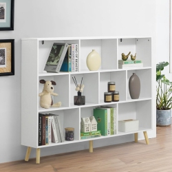 CAPHAUS 10 Cube 3 Tier Mid Century Bookshelf, 55” Wide Wooden Cube Storage Organizer \w Legs, Open Shelf Bookcase, Modern Shelving for Living