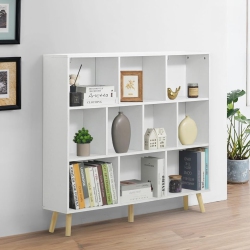 CAPHAUS 10 Cube 3 Tier Mid Century Bookshelf, 48” Wide Wooden Cube Storage Organizer \w Legs, Open Shelf Bookcase, Modern Shelving for Living