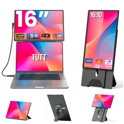 TUTT 16" Laptop Screen Extender With Stand 16:10 Ratio USB-C/hdmi + Speaker | Multiple Position Portable Monitor | Reverse Charging N2