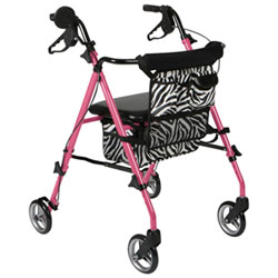 Medline Posh Rollator Walker with Storage Bag - Pink/Zebra
