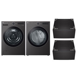 LG 5.8 Cu Ft Front Load Steam Washer & 7.4 Cu Ft Electric Steam Dryer w/ 2 27" Pedestals - Black Steel
