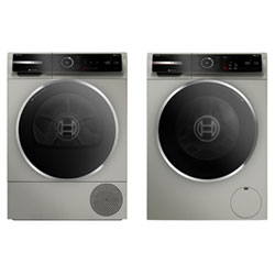 Bosch 800 Series 2.4 Cu Ft High Efficiency Compact Front Load Washer & 4 Cu Ft Heat Pump Electric Dryer - Pearl Steel