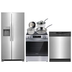 Frigidaire 33" 22.3 Cu. Ft. Side-By-Side Refrigerator; Electric Range; Dishwasher; Cookware Set - Stainless Steel