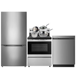 Insignia 30" 18.6 Cu. Ft. Bottom Freezer Refrigerator; Electric Range; Dishwasher; Cookware - Stainless Steel