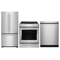 KitchenAid 30" 6.4 Cu Ft True Convection Slide-In Induction Range; French Door Refrigerator; Dishwasher - Stainless Steel