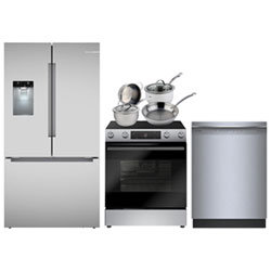 Bosch 36" 26 Cu. Ft. French Door Refrigerator; Electric Air Fry Range; Dishwasher; Cookware Set - Stainless Steel