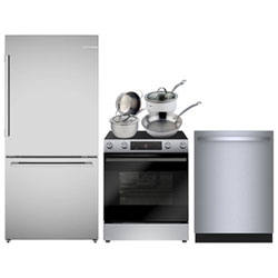Bosch 32" 17.2 Cu. Ft. Bottom Freezer Refrigerator; Electric Air Fry Range; Dishwasher; Cookware Set - Stainless Steel