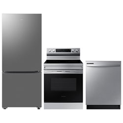 Samsung 28" 15 Cu. Ft. Bottom Freezer Refrigerator; Electric Range; Dishwasher - Stainless Steel