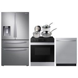 Samsung 36" 28 Cu. Ft. French Door Refrigerator; Electric Range; Dishwasher; Cookware Set - Stainless Steel