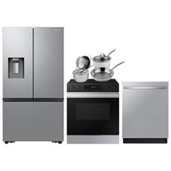 Samsung 36" 25.5 Cu Ft French Door Refrigerator; Electric Range; Dishwasher; Cookware Set - Stainless Steel