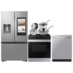 Samsung 36" 25.5 Cu Ft French Door SpaceMax Refrigerator; Electric Range; Dishwasher; Cookware Set - Stainless Steel