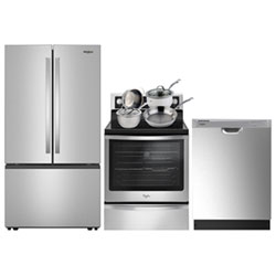 Whirlpool 36" 30.52 Cu Ft French Door Refrigerator; 6.4 Cu.ft. Electric Range; Dishwasher; Cookware Set -Stainless Steel