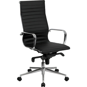 Modern High Back Ribbed PU Leather Chair, Black