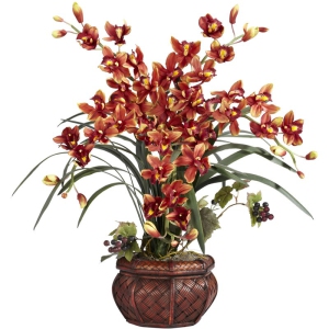 Nearly Natural Cymbidium with Decorative Vase Silk Arrangement in Red/Burgundy