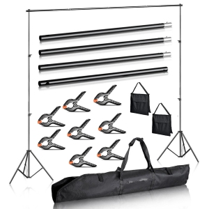 Duramex (TM) Photography 10' Wide x 7' FT High Background Stand with 8 Clips, 2 Sand Bags and Carrying Bag for Backdrop Muslin Paper with Two Stands, Metal Crossbar