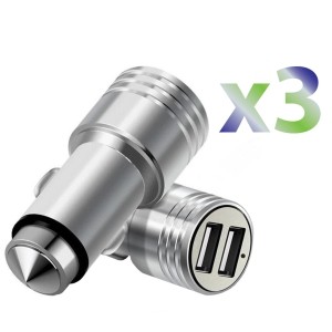 Exian Car Charger Metallic 2.1A with 2 USB Ports 3/PK Silver