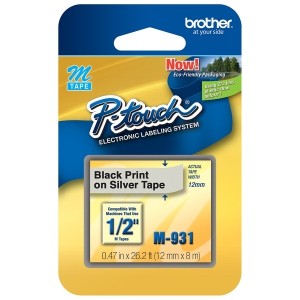 Brother Tape Cartridge 0.5In Wide, Non-Laminated Black On Silver (M931)