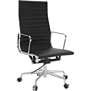 Modern Ribbed Aluminum Group Style High Back Office Chair, Genuine Leather, Black