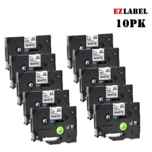 10 PK EZlabel TZE211 TZE-211 compatible Black on white label laminated tape for Brother P-Touch printer, 6mm x 8m