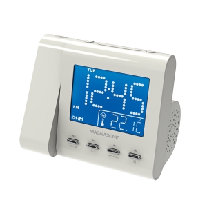 Magnasonic Projection Alarm Clock with AM/FM Radio, Battery Backup, Auto Time Set, Dual Alarm & 3.5mm Aux Input - White