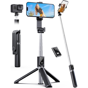 Selfie Stick Tripod with Wireless Remote, Portable Travel Phone Stand, Travel-Ready, Adjustable for 4–7" iPhone, Samsung & Android Smartphones GoPro, Black