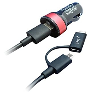 PQI Du-Plug Apple Mfi Certified USB Car Charger + 3ft Lightning and Micro USB to USB Cable Combo - Red