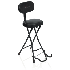 Gator Frameworks Guitar Seat with Padded Cushion, Ergonomic Backrest and Fold Out Guitar Stand; Holds both Acoustic and Electr