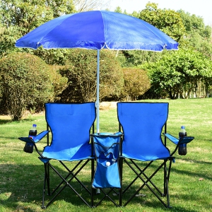 Costway Portable Folding Picnic Double Chair W/ Umbrella Table Cooler Beach Camping